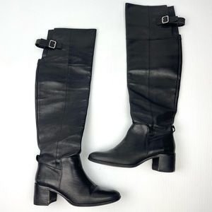 Zara Over the Knee Black Leather Buckle Heel Boots